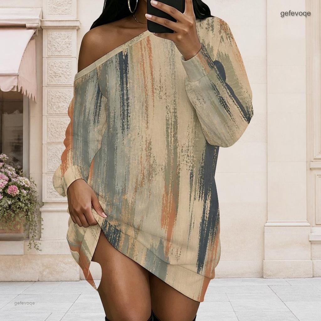 Women Plus Size One Shoulder Long Sleeve Abstract Geometric Print Asymmetric Hem Dress