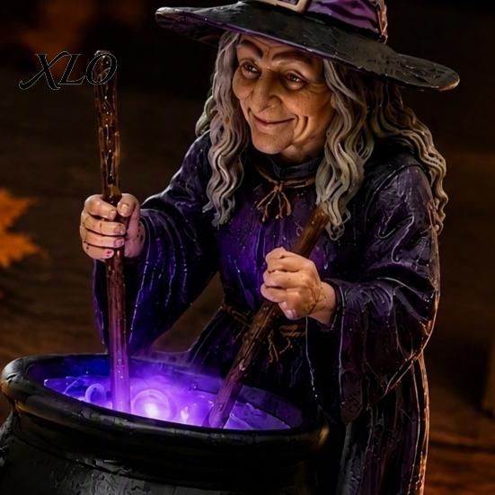 Halloweenowa Statuetka Kociołka Czarownicy ze Świecącym Kociołkiem, Zasilana przez USB Żywica Czarna Kreatywny Prezent dla Przyjaciół Figurka Garnka Zielona/Fioletowa LED