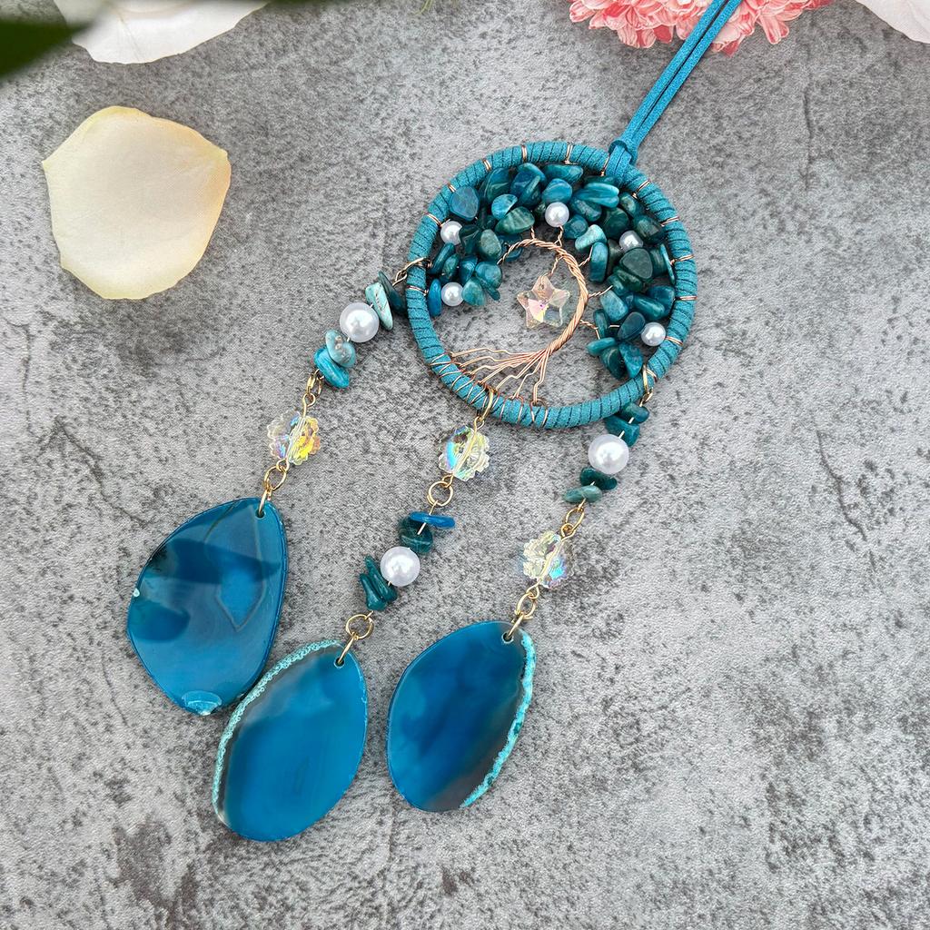 Blue Tree Life Handmade Suncatcher Natural Crystal Stones Agate Pendant Floral Pattern for Home Car Decor Dream Catcher Ornament