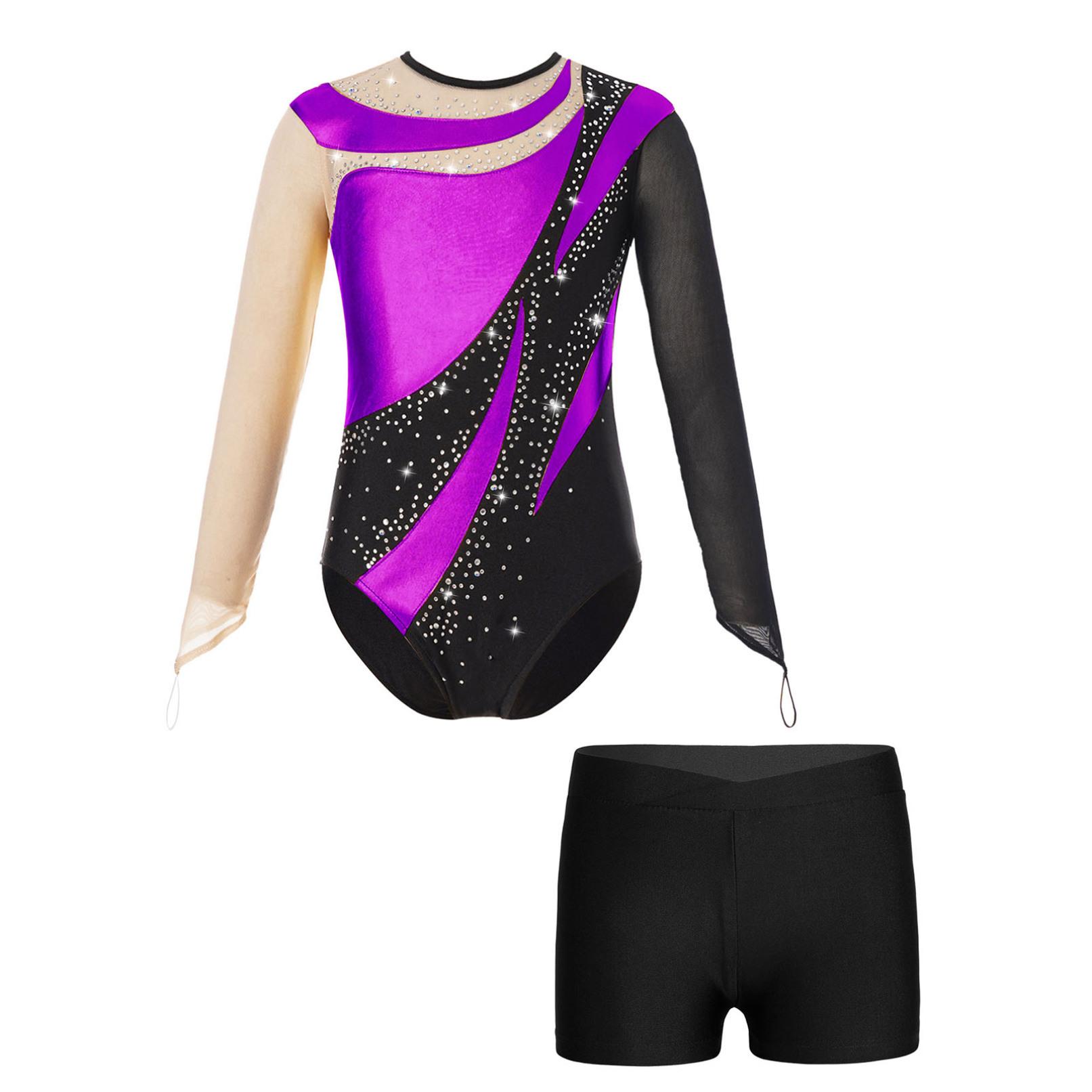 Ranrann Kindermeisjes Gymnastiekpakjes met lange mouwen en keyhole-rugbodysuit Balletdanskleding met shorts Competitie-outfits 7-8 Years paars/zwart