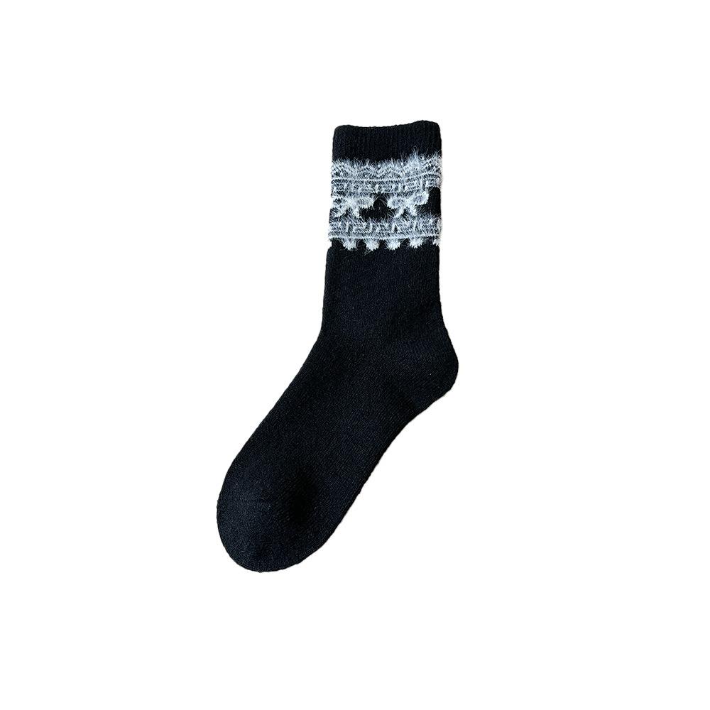 

Толстые и теплые шерстяные носки до середины икры для женщин на осень и зиму, с вышивкой в виде банта, универсальные махровые носки 1 pair чёрный