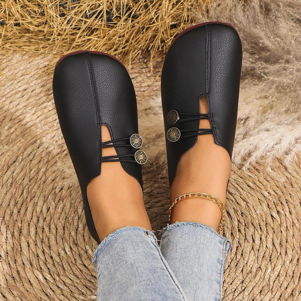 Damskie płaskie wsuwane buty z miękkiej skóry - Okrągły nosek, casualowe, plus size, kolekcja lato 2024.