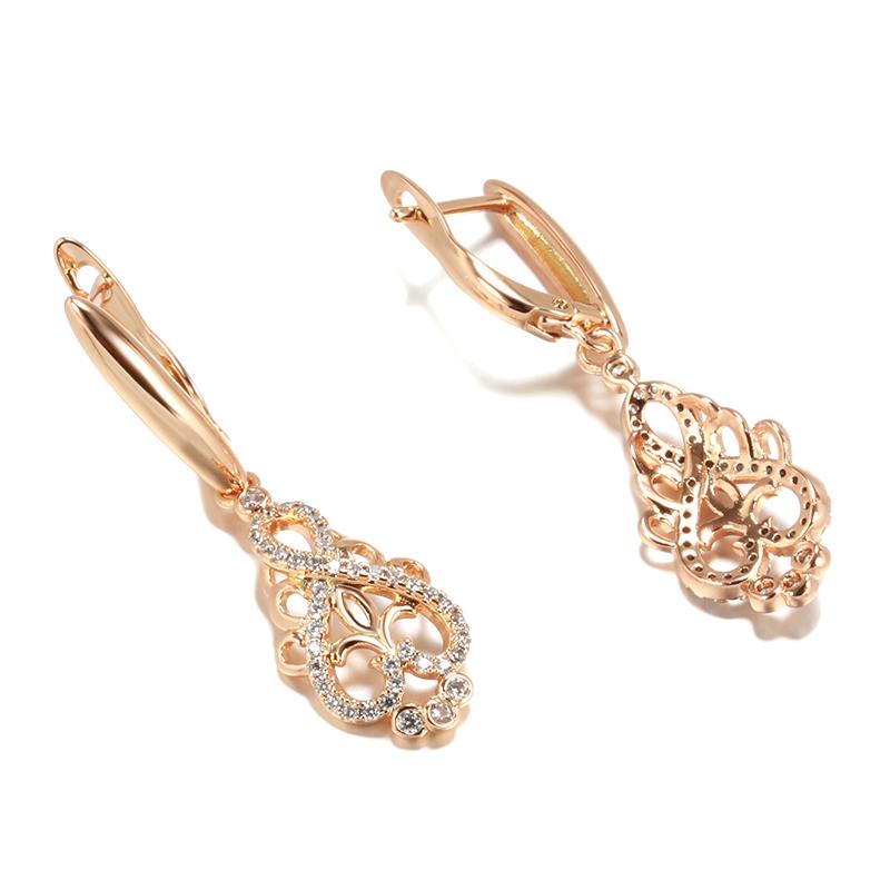 Trend Crystal Flower Long Dangle Earrings For Women Natural Zircon  Rose Gold Color Ethnic Bride Fine Daily Jewelry