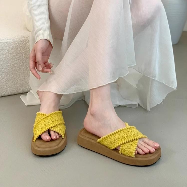 Thick-soled Cross-strapped Knitted Slippers Women's Outer Wear Summer Retro Niche Boken Shoes Open-toed Beach Vacation Cool Slippers