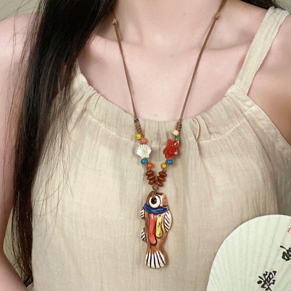 Wood Ceramic Fish Necklace Vintage Long Sweater Chain Retro Ethnic Style Necklace  Decoration