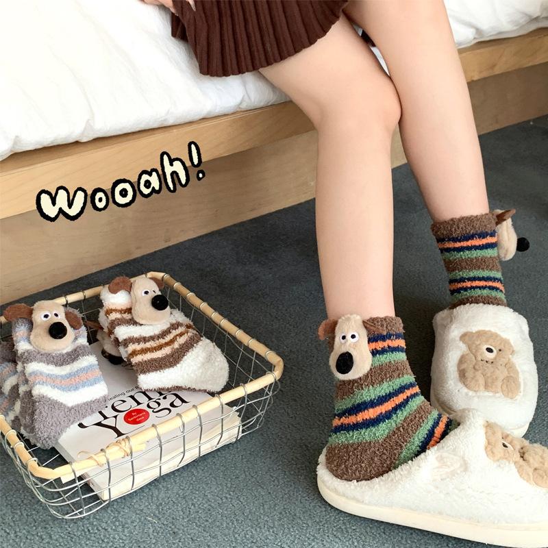 Cute Puppy Coral Fleece Socks Women Plush Thickened Home Sleep Warm Fur Floor Socks Winter Cotton