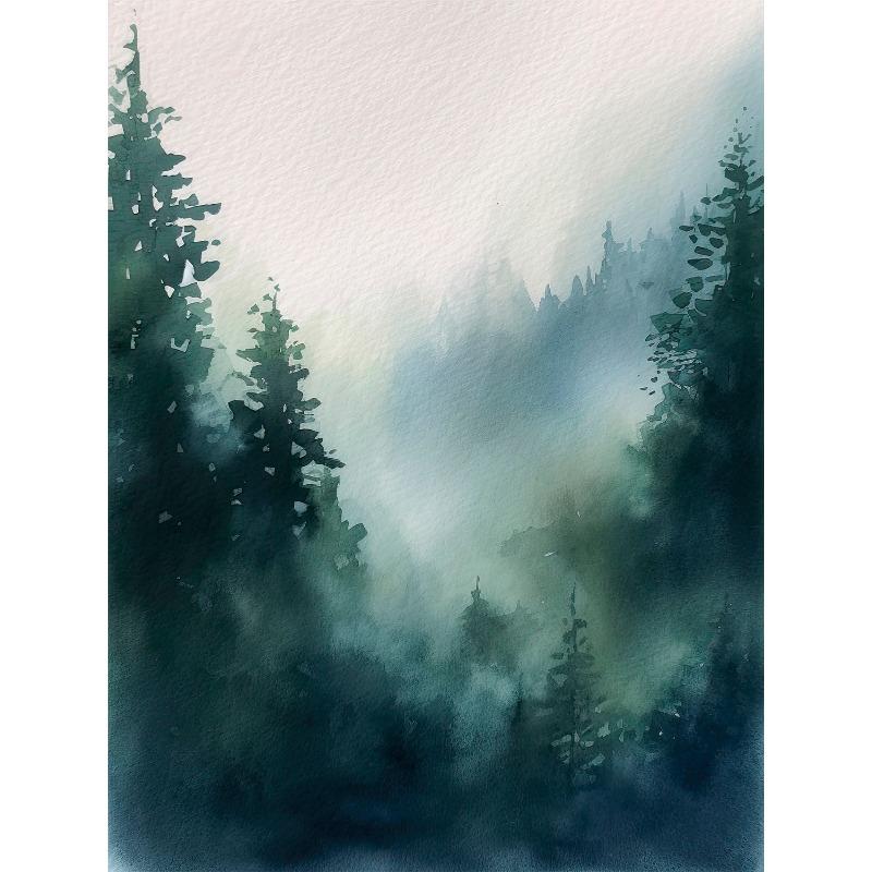 Watercolor Foggy Forest Mountain Trees Pine Posters and Prints Canvas Painting Green Wall Art Picture for Living Room Home Decor