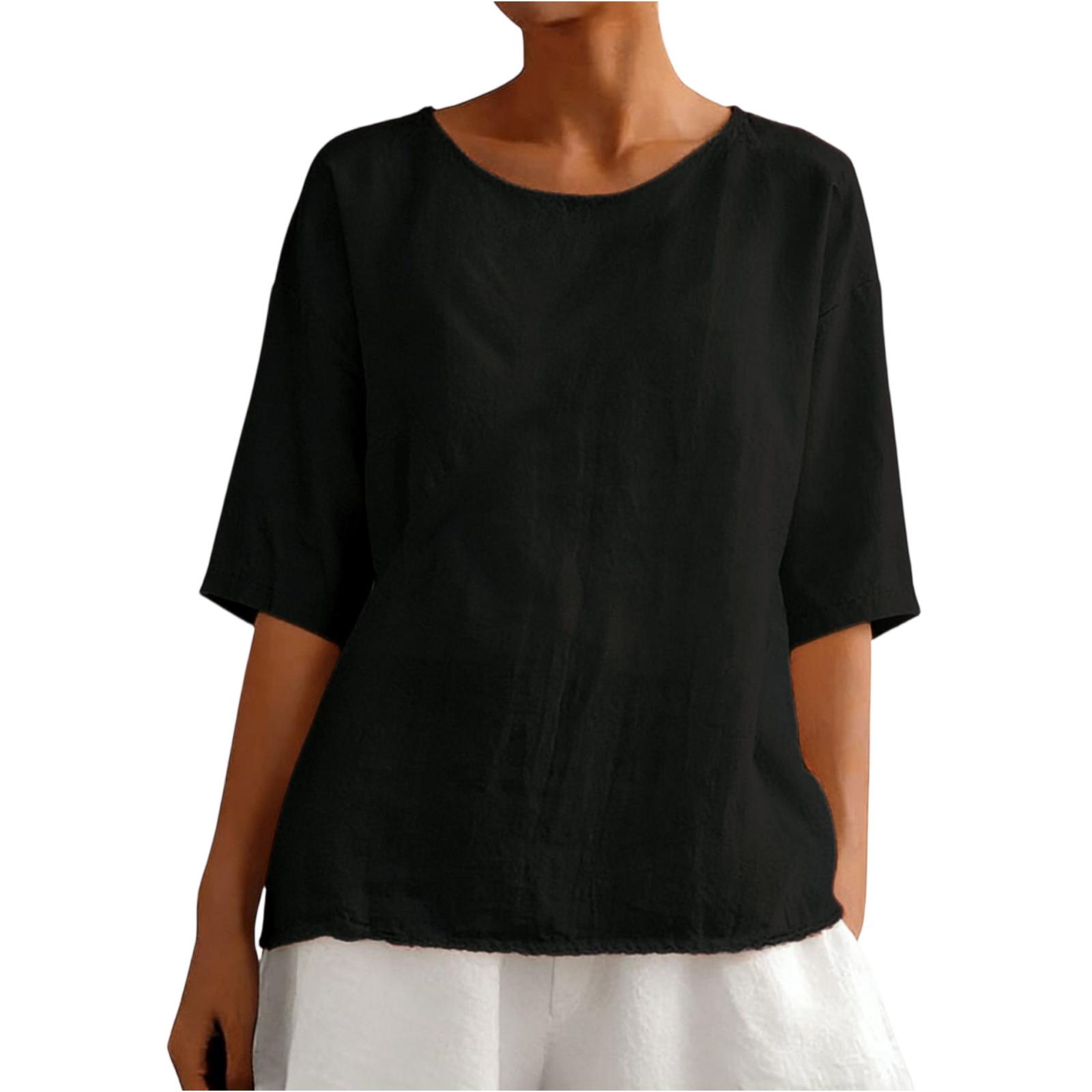 Women s Linen 3/4 Sleeve Blouse R-Neck Summer Casual Tops L чёрный