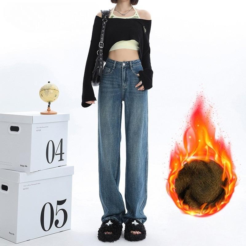 Winter Thick Women's Fleece Straight Jeans Casual Comfortable Soft Velvet Slim Pants Vintage Wide Plush Denim Trousers