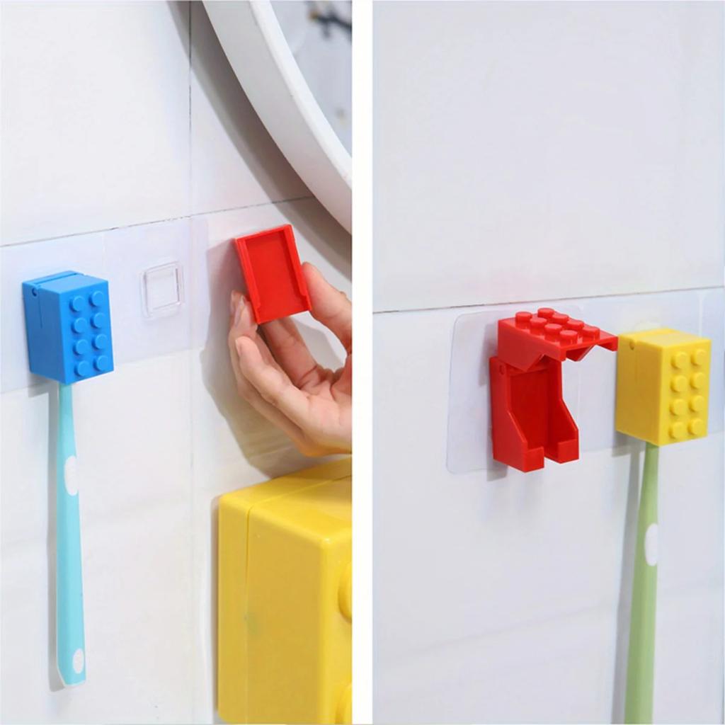 1PC Building block toothbrush holder, non perforated bathroom wall mounted dental appliance storage rack