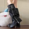 Punk Style Splicing Thick Bottom Women Knee-High Boots Zipper Female Pleated Knight Long Booties Shoes