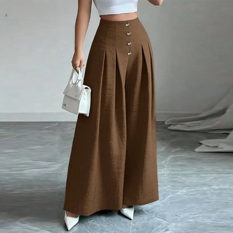 

New Women s Clothing - Stylish Buttons, High-waist, Loose and Flowing, Slimming and Casual Wide-leg Pants XXXL темно-коричневого кольору