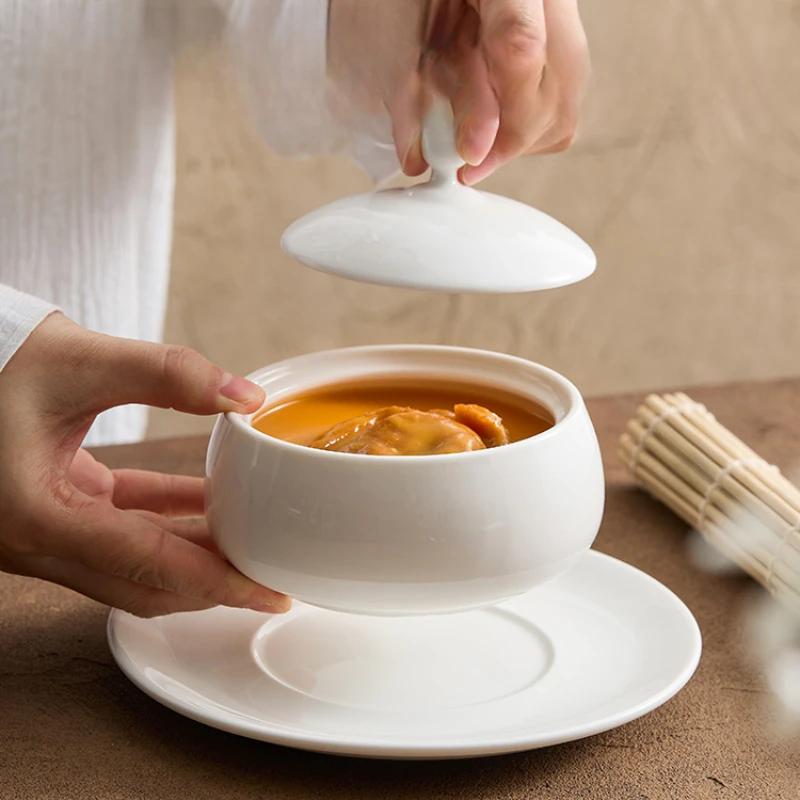 Ceramic Stewing Soup Cup with Cover Dish for Restaurant Tableware in High-class Hotel Bird's Nest Seafood Cup Single Soup Pot