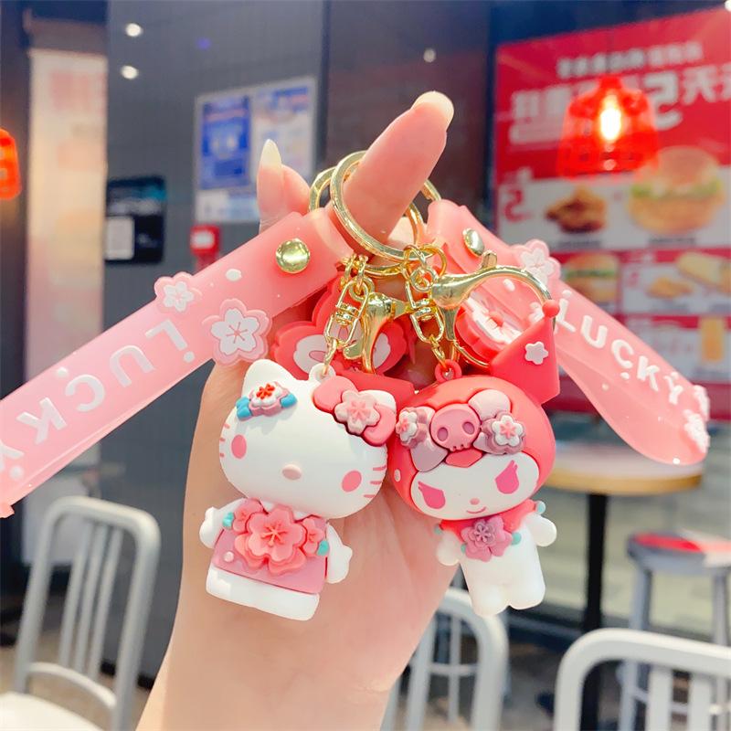 Anime Cartoon Cute Cherry Blossom Season Keychain Creative Pink Hello Kitty Doll Schoolbag Small Gift Pendant