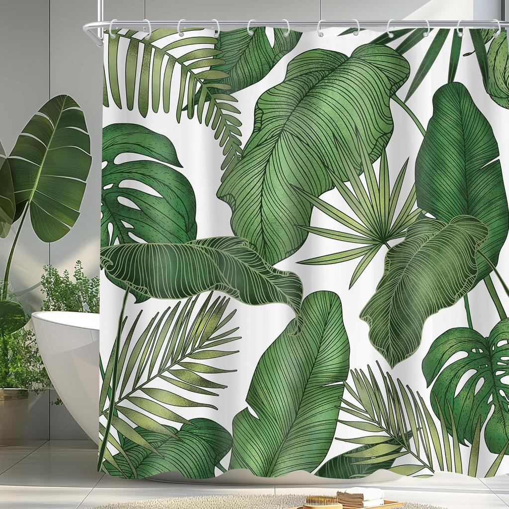 Emerald Green Boho Shower Curtain Black Gold Modern Abstract Palm Leaves Tropical Monstera Bathroom Curtain Set Brown Botanical