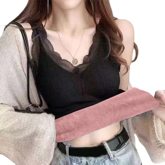 Gilet Termico da Donna con Bordo in Pizzo Foderato in Peluche Scollo a V Senza Maniche Filo Tinta Unita Vestibilità Slim Elastico con Imbottiture sul Petto Sovrapposizione