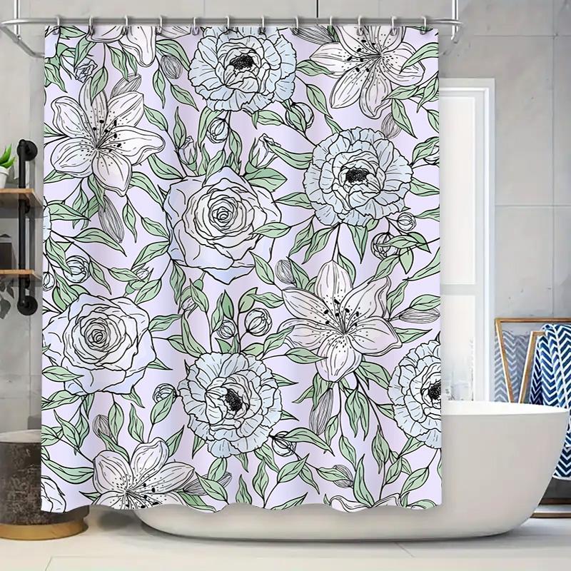 

Vintage Floral Shower Curtain Modern Bathroom Decor Pink White Green Flower Pattern Fabric Waterproof Bath Mat Cover Size Custom 90x180cm