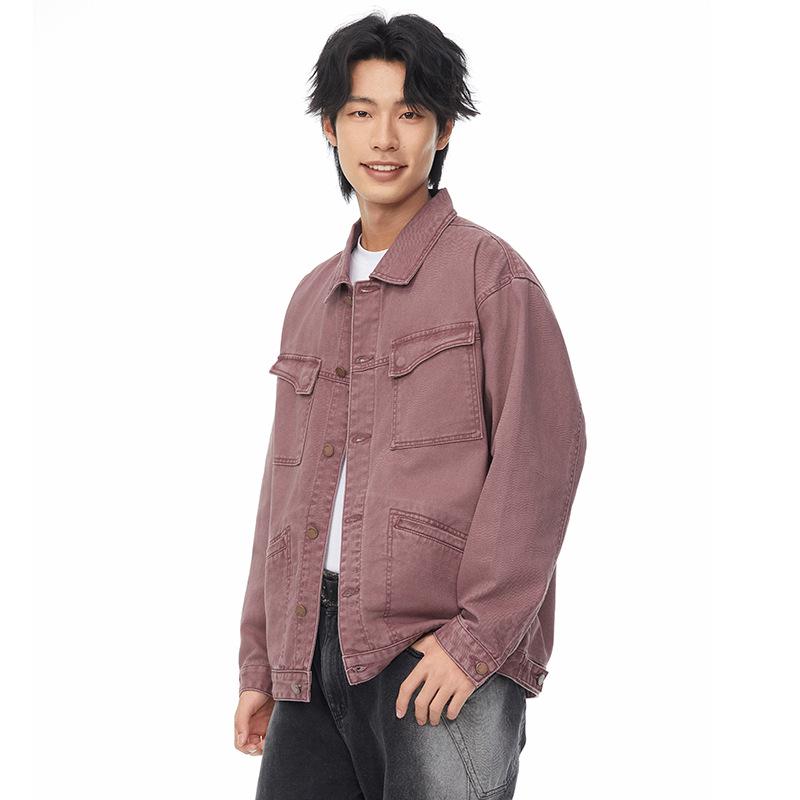 Xintang Men's Retro Washed Multi-Pocket Workwear Jacket with Turn-Down Collar