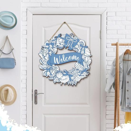 Welcome Summer Sign Shells Starfish Wall Hanging Wreath Farmhouse Coastal Beach Wooden Round Door Hanger for Front Door Porch Courtyard Decor