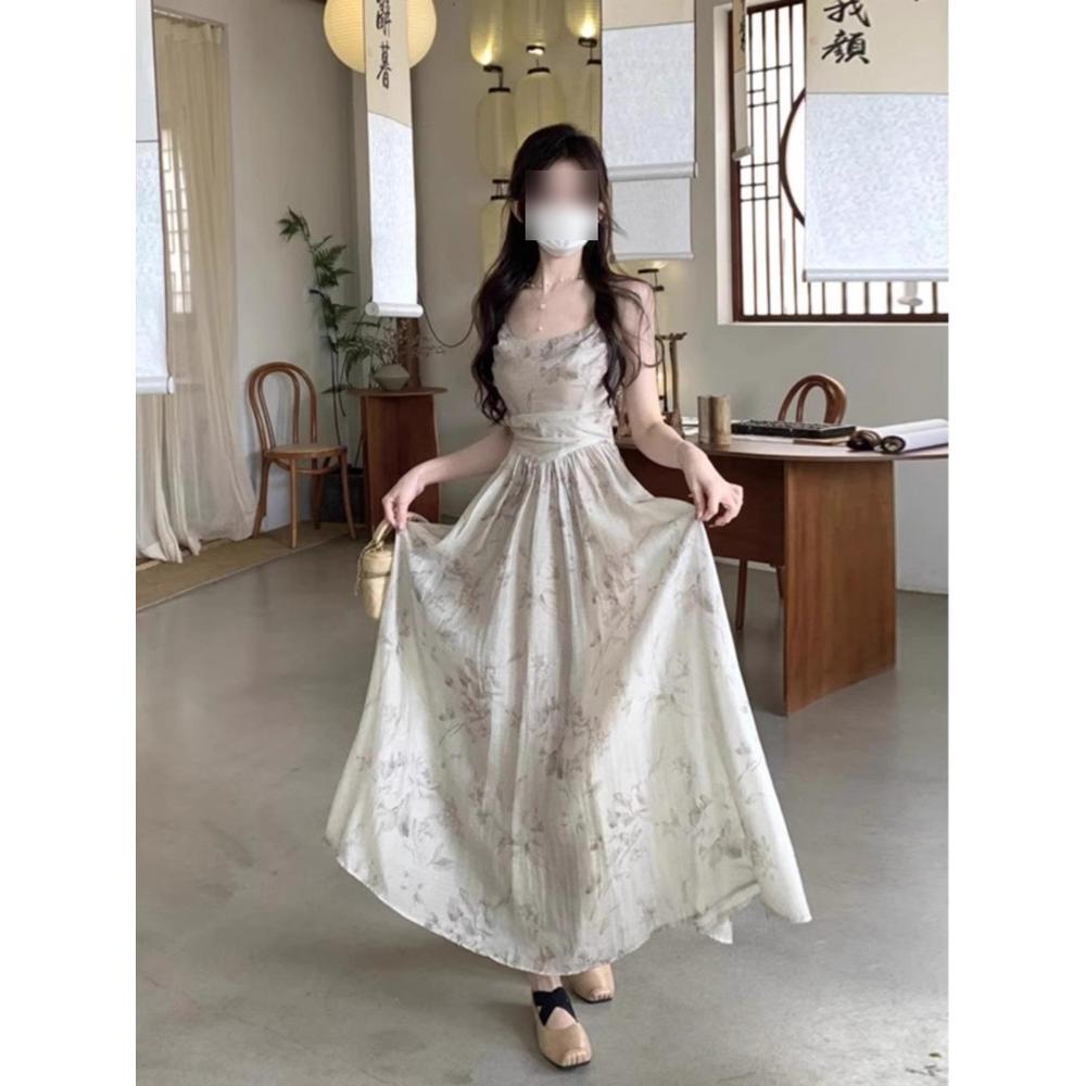 

Zen Print Spaghetti Strap Dress: Summer Midi with Chinese-Inspired Style XL (Recommended for 55-60 kg)