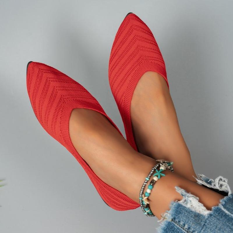 Fashion Plus Size Flats Summer New Pointed Toe Shallow Mouth Knit Flying Wire Breathable Soft Sole Non-Slip Wear-Resistant Single Shoes