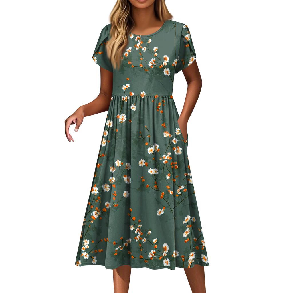 Women's Fashion Casual Loose Floral Print Round Neck Pocket Short Sleeve Dress