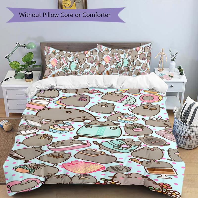3pcs Pusheeen Design Cover Set - HD Printed Bedding with 1 Cover and 2 Pillowcases - Perfect for Home and Dorm Decor