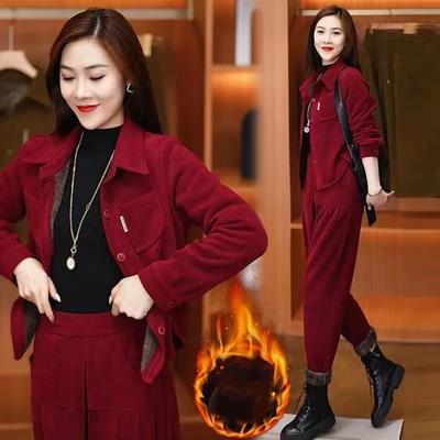 Plus Velvet Thickened Retro Fashion Corduroy Suit Women's Autumn and Winter Plus Size Western Casual Jacket Two-piece Trend