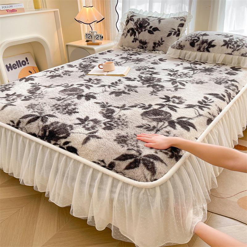 French Rabbit Fur Double-Layer Lace Fitted Sheet Bed Skirt 3-Piece Set