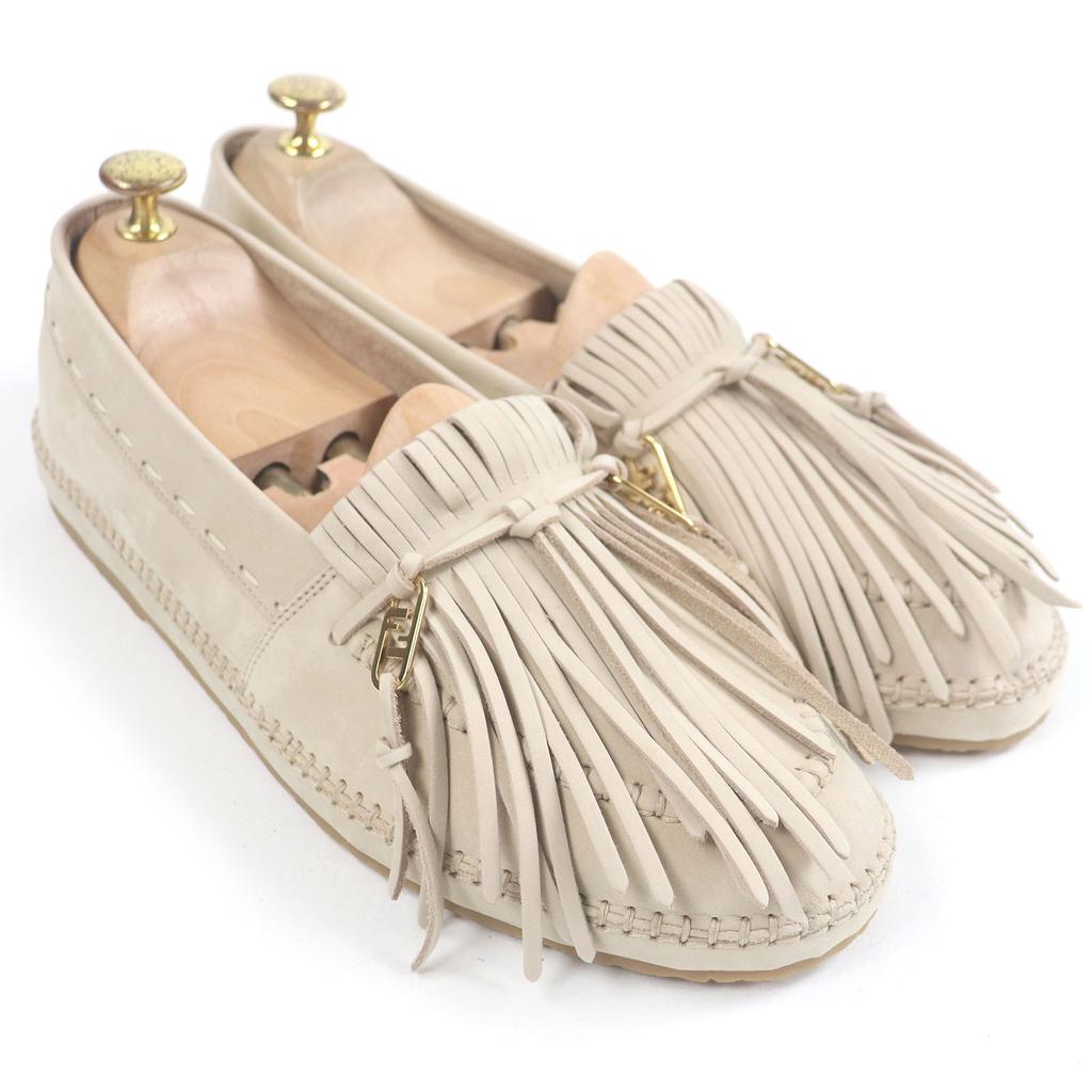 Fendi Loafers Olock FF Logo Gold Metal Fringe Beige Nubuck Leather Mens 7 7P1589 Used