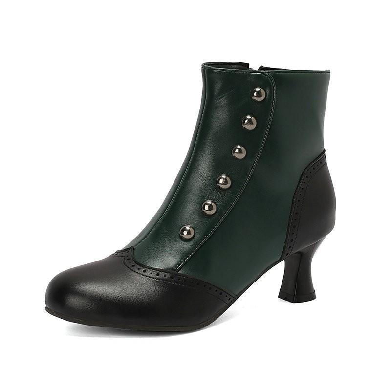 Womens Short Ankle Boots Rivet Color Block Chunky Heel Side Zip Fashion Fall Winter