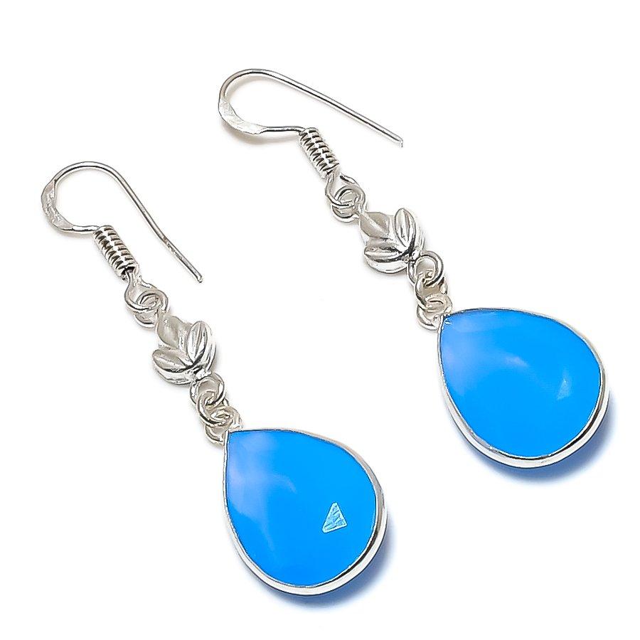 

Серьги ручной работы из стерлингового серебра 925 пробы с натуральным синим халцедоном 1,97 дюйма K7Z47