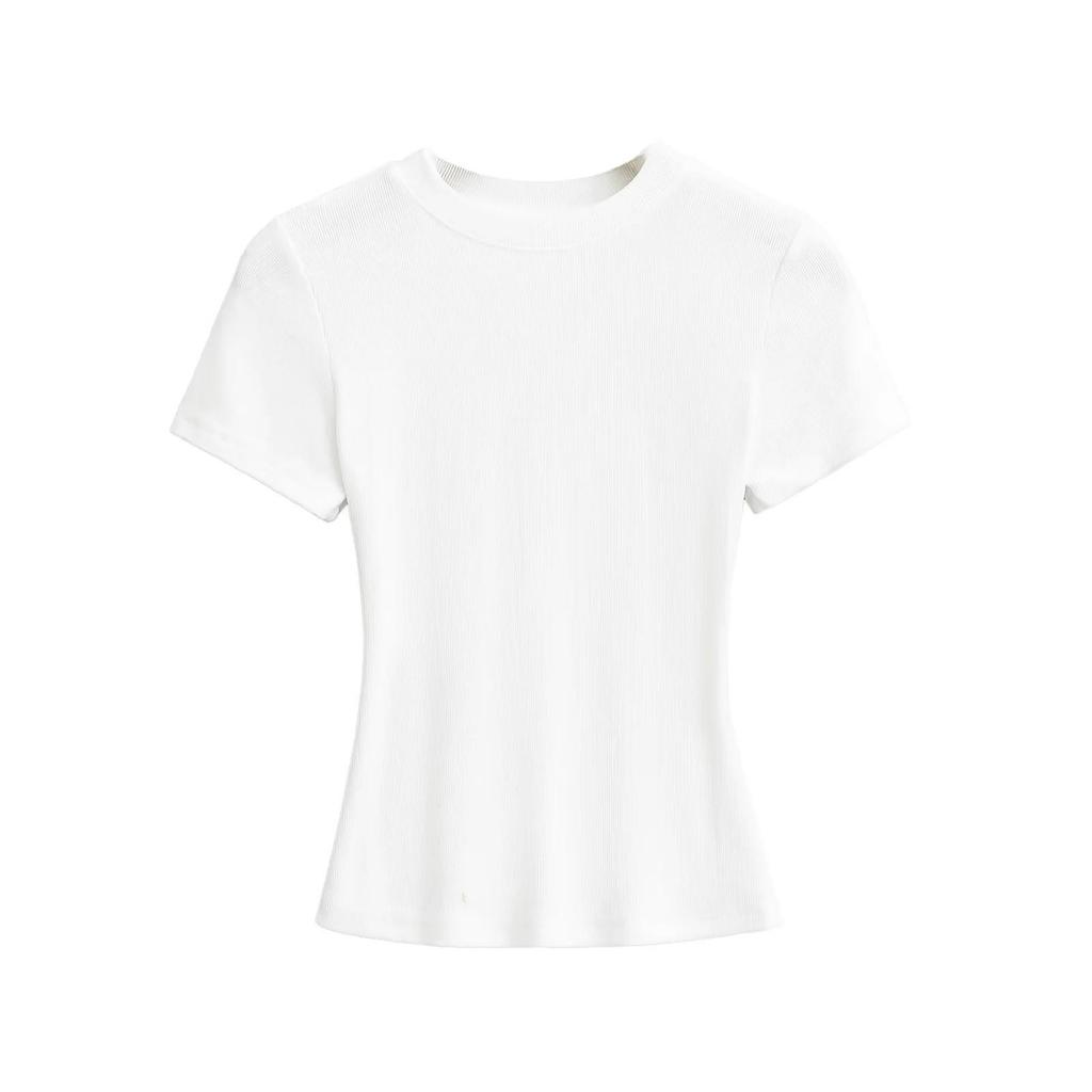 2025 Summer Kardashian Style Ribbed Short Sleeve Top - Solid Color & Sexy Round Neck