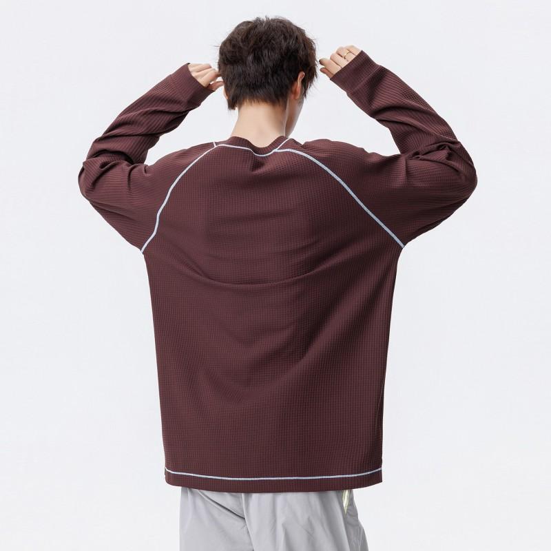 Mens Waffle Knit Long Sleeve T-Shirt Casual Sports Color Block Round Neck Top
