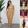 2 Pcs/Set Women Crop Top Pants Set Tassel Hollow Out Lace-up Halter Neck Beach Vacation Bra High Waist Ripped Knitted Hollow Out Trousers