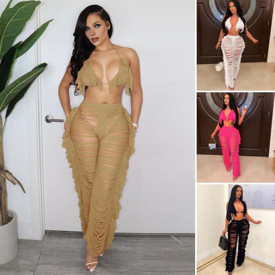 2 Pcs/Set Women Crop Top Pants Set Tassel Hollow Out Lace-up Halter Neck Beach Vacation Bra High Waist Ripped Knitted Hollow Out Trousers