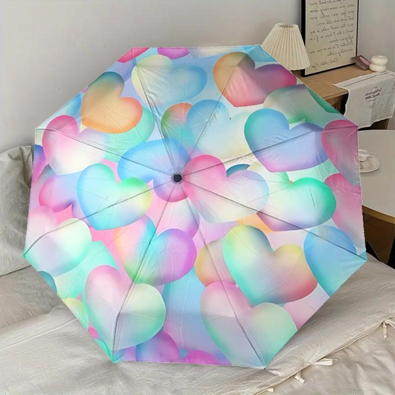 Colorful Heart Pattern Automatic Opening/Closing Umbrella with Foldable Design,Iron Frame Outdoor Rain Gear for Festivals,Travelers,Daily
