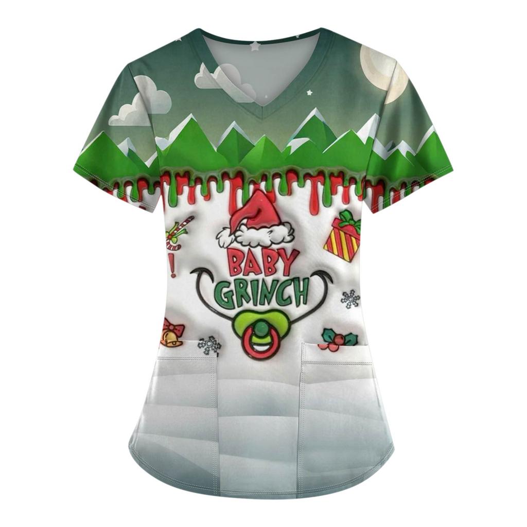 Women's Fashion Printed Short Sleeve V Neck Pattern Tops Pocket Working T-shirts