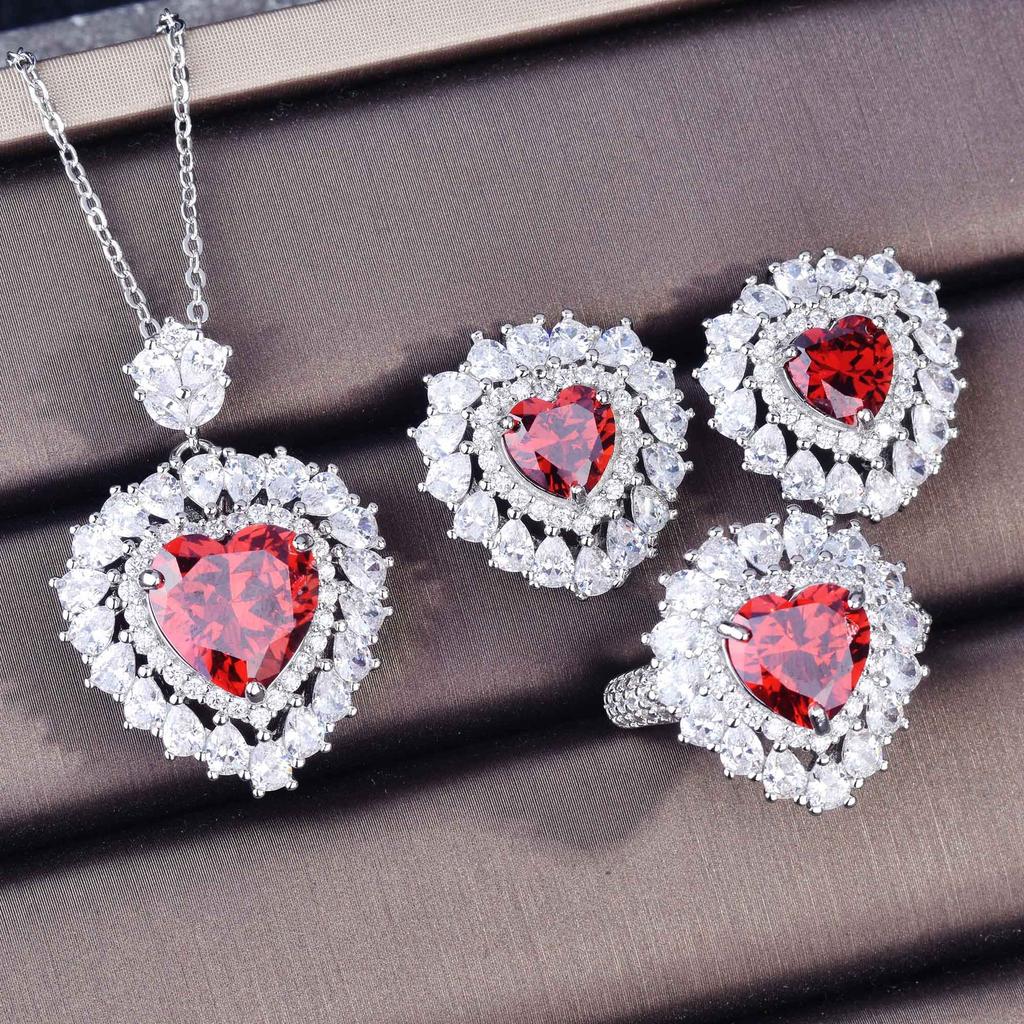 Imitation Natural Pomegranate Red Necklace, Princess Diana Love-Shaped Micro-Inlaid Ring Stud Earrings Pendant Set