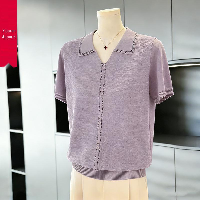 Chic Rhinestone Embellished Short-Sleeve Ice Silk Blouse for Middle-Aged Women - Plus Size Summer Lapel Top