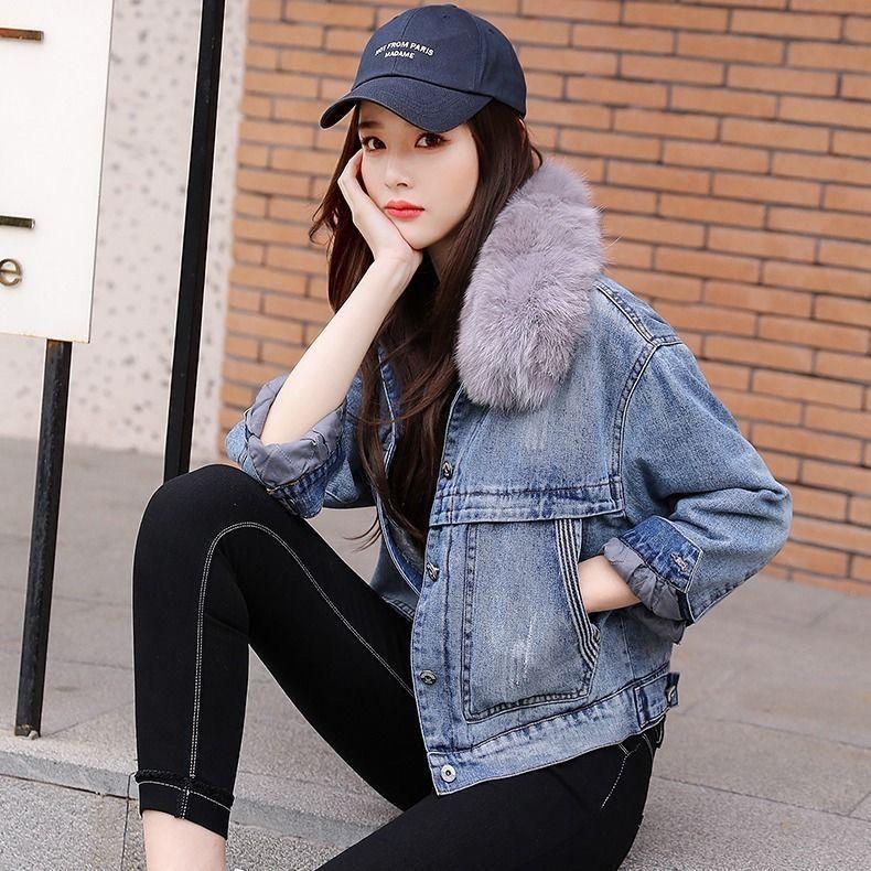 Women's Winter Short Warm Denim Jacket Plus Size Hair Collar Denim Jacket