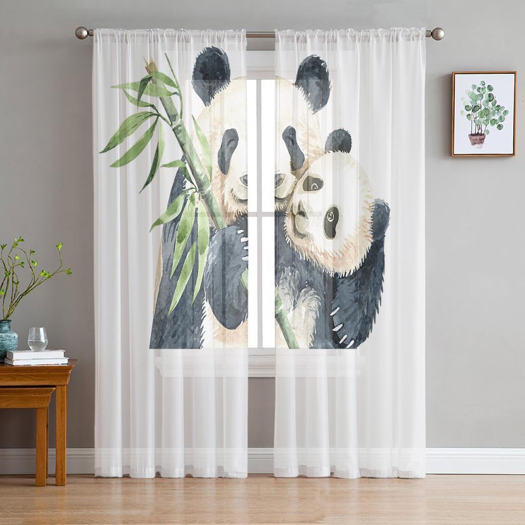 Djur Söt Panda Bambu Tecknad Tyll Fönsterbehandling Skira Gardiner för kök Vardagsrum sovrummet Gardiner Dekoration