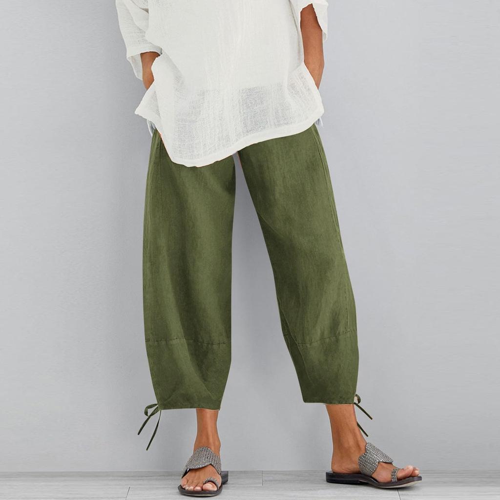 Hosen für Damen, lässig, Sommer, einfarbig, elastisch, hohe Taille, Baumwolle und Leinen, lockere Hosen, Crop-Hose