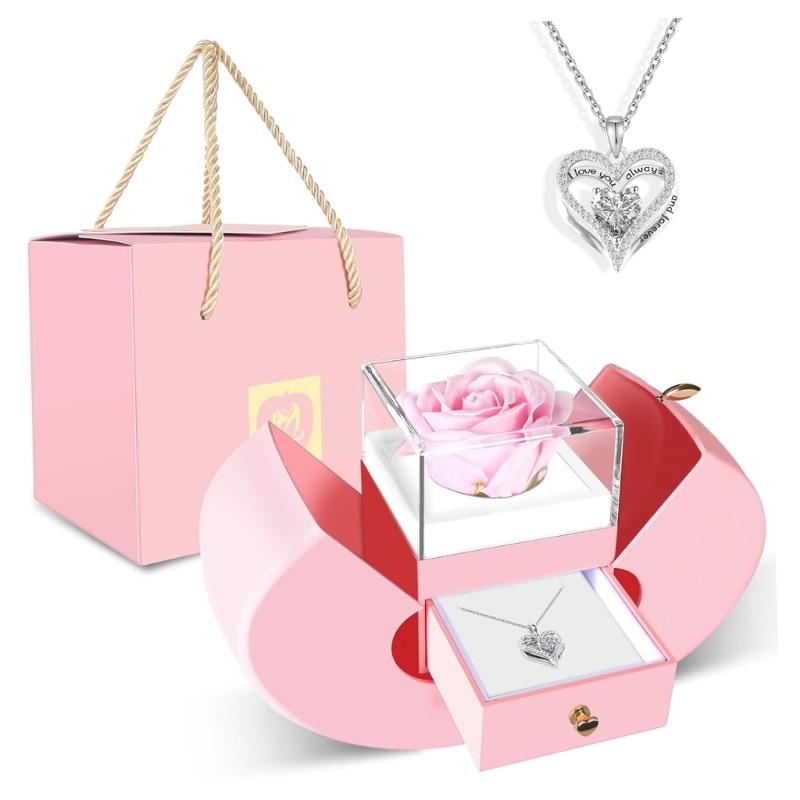 Preserved Flower Necklace Set In Box for Girlfriend Wife Anniversary Valentines Birhtday Gifts and Home Decoration