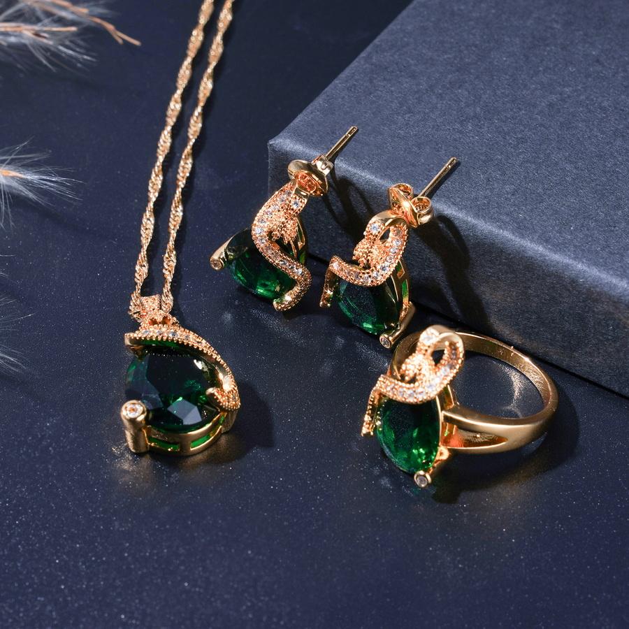Elegante grüne Zirkonia vergoldete Wassertropfen Hochzeits-Schmucksets für Frauen Ohrringe Halskette Ring Armband 8 black