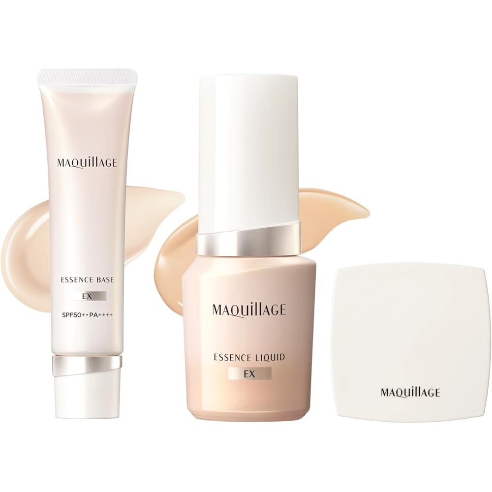 MAQUILLAGE Foundation Base Makeup Limited Kit: Essence Base EX Pure Ivory 30g (SPF50+ PA++++) + Essence Liquid EX Ochre 10 24mL + Compact Mirror. Make