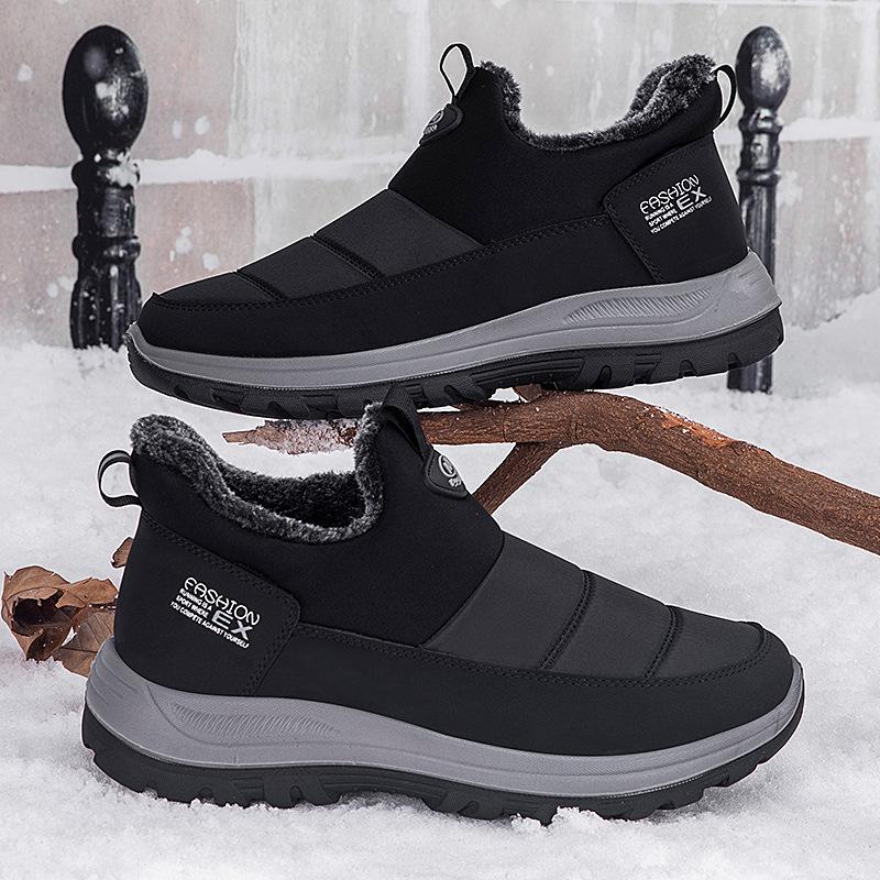 Step into the new men's and women's leather waterproof high-top cotton shoes, outdoor casual shoes, fleece warm couple shoes