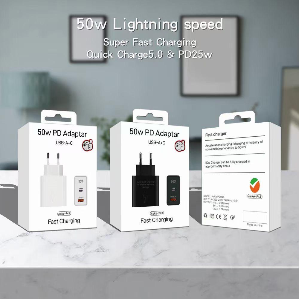 50W Dual-Port Charger, Compatible with Samsung, Huawei, and Apple Phones, PD Fast Charging Adapter for EU/US/UK Standards.