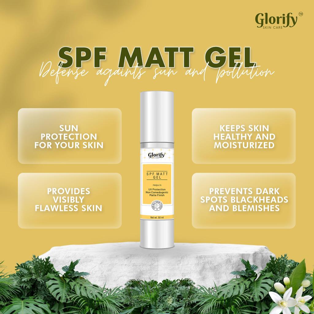 Glorify SPF Matt Gel | Superior UV Protection Moisturizing Formula [50ml] | Prevent Dark Spots, Blackheads and Blemishes | Non-Greasy, Quick-Abso