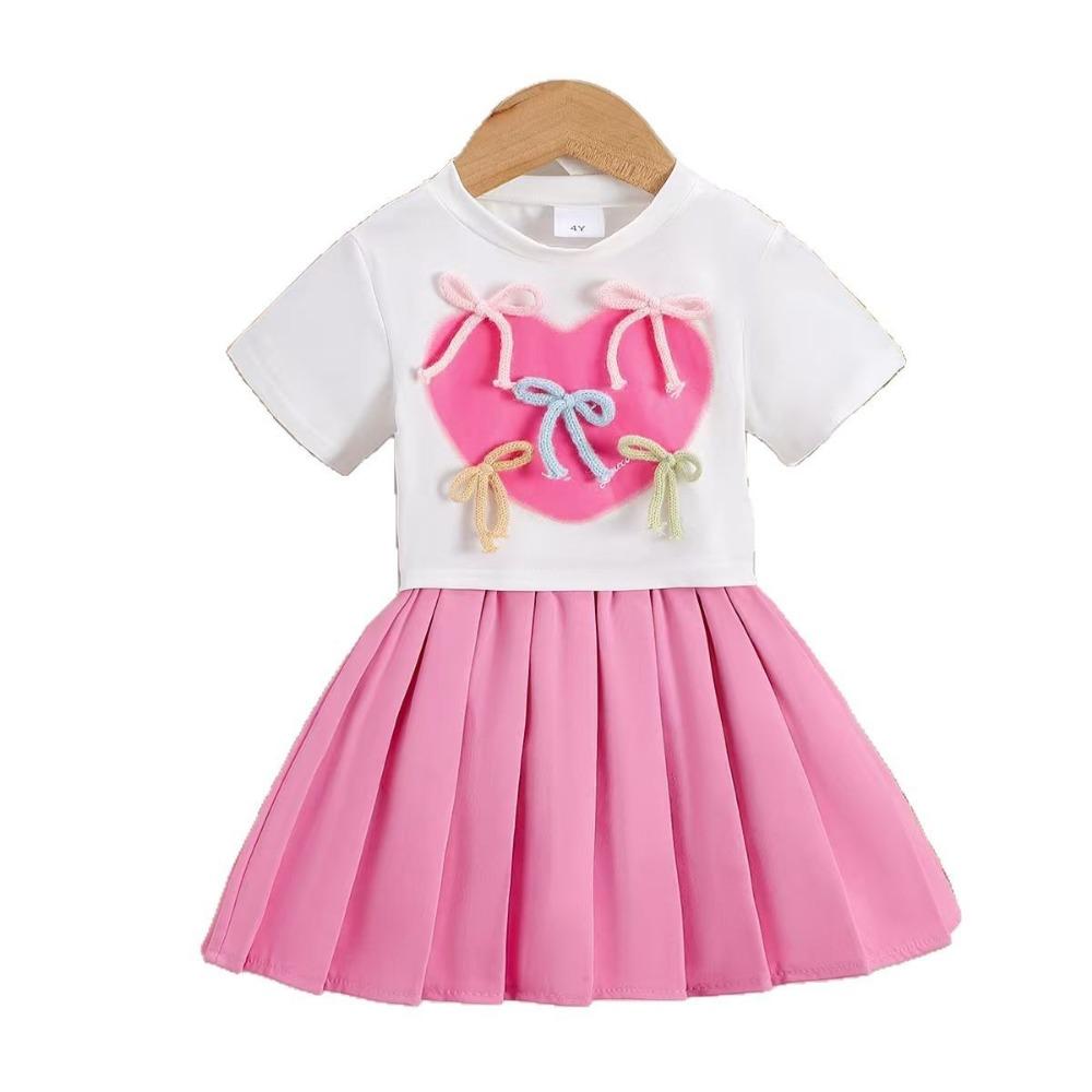 4-7Y Children's Clothing Love Bow Beige Top + Pink Pleated Skirt Set Kids Set Girl Gress